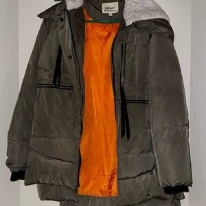 Women's Olive Puffer Jacket with Orange Lining